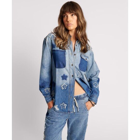 New Free People x One Teaspoon JOHNNY BLUE STAR CLASSIC EVERYDAY SHIRT Size S - Picture 7 of 14